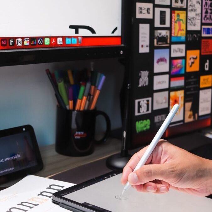 Close-up of a hand using a stylus on a tablet in a modern digital workspace.